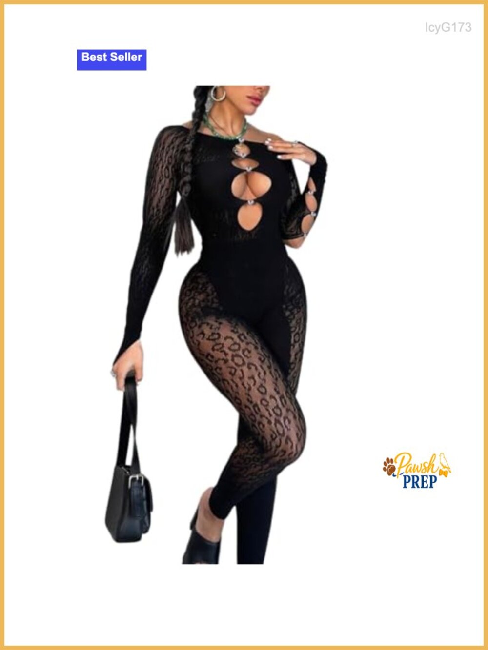 Off Shoulder Leopard Mesh Rhinestone Jumpsuit Women's Clubwear